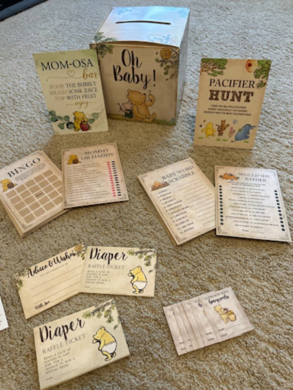 Classic Winnie the Pooh Baby Shower Game Bundle Signs Decor Diaper Raffle